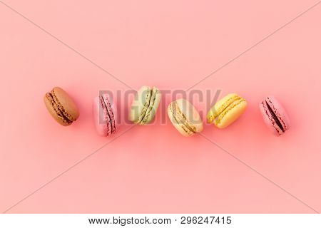 Brignt Macarons For Sweet Break On Pink Background Top View Mock Up