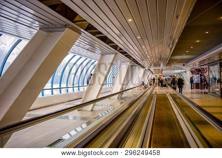Moscow, Russia - January 2017: Moving Walkway Inside The Pedestrian Covered Bridge Bagration