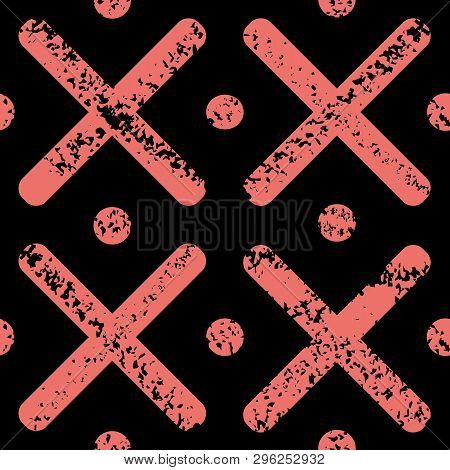 Coral Crosses And Polka Dots With Grunge Texture For Painterly, Urban Look. Bold Seamless Geometric 