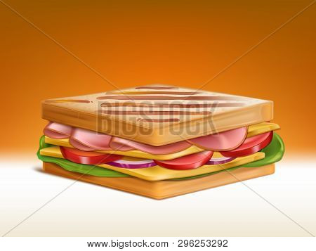 Big Double Sandwich With Two Pieces Of Roasted Wheat Bread, Sliced Ham And Cheddar Cheese Pieces, To