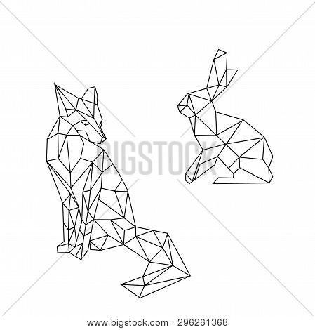 Linear Illustration -  Hare And Fox. White Line Vector Polygonal Wild Animals On Blackboard.