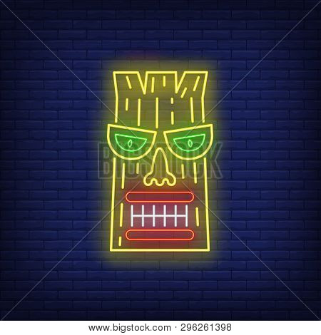Bright Wooden Tribal Mask Neon Sign. Tiki Idol, Ancient Culture Design. Night Bright Neon Sign, Colo