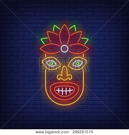 Colorful Tiki Idol Neon Sign. Tribal Mask, Ancient Culture Design. Night Bright Neon Sign, Colorful 