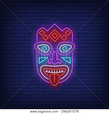 Colorful Tribal Mask Neon Sign. Tiki Idol, Ancient Culture Design. Night Bright Neon Sign, Colorful 