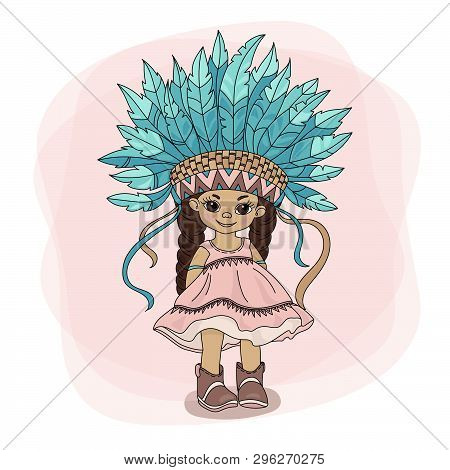 Young Pocahontas American Native Red Skinned Indian Princess Vector Illustration Set For Print Fabri