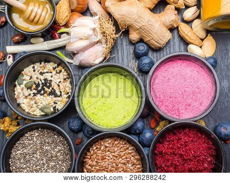 Various Colorful Superfood Powders, Cleasing And Detox Concept