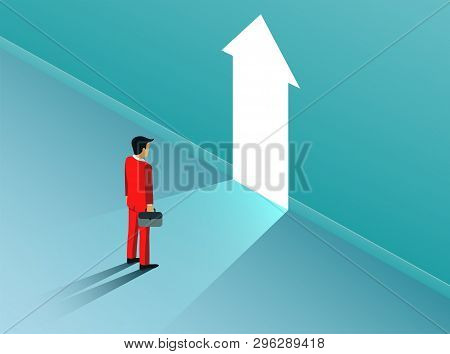 Businessman Standing In Front Of Open Arrow Door With Bright Light. Business Finance Success Concept