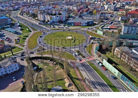 Koszalin, Poland - 1 April 2019 - Aerial View On City Koszalin, Area Of Solidarnosci Roundabout With