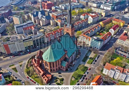 Szczecin, Poland - 08 April 2019 - Aerial View On Szczecin City, Area Of Grodzka Street. City Center