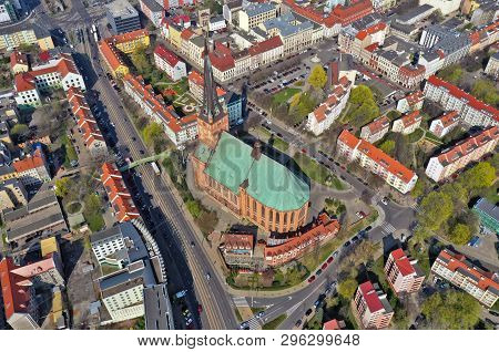 Szczecin, Poland - 08 April 2019 - Aerial View On Szczecin City, Area Of Grodzka Street. City Center