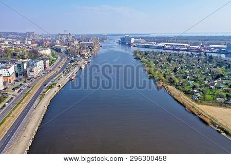 Szczecin, Poland - 08 April 2019 - Aerial View On Szczecin City, Area Of Boulevard Chrobrego And Odr