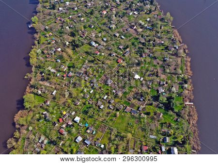 Szczecin, Poland - 08 April 2019 - Aerial View On Szczecin City, Area Of Grodzka Island With Allotme