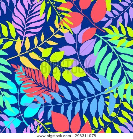 Bright Colorful Seamless Background With Fresh Leaves. Various Foliage Repetitive Pattern. Vector Il