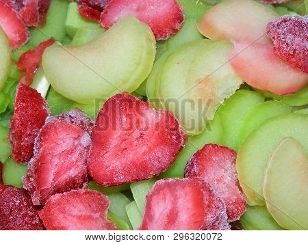 Frozen Strawberries And Fresh Slices Of Rhubarb.