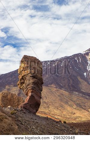 Panoramic View Of Unique Roque Cinchado Unique Rock Formation With Famous Pico Del Teide, Tenerife
