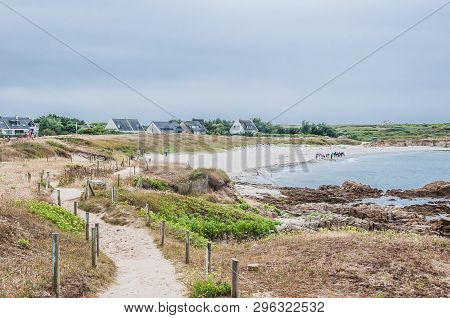 Beach And Cliff In Quiberon In The Morbihan In France, On The Peninsula Of Quiberon