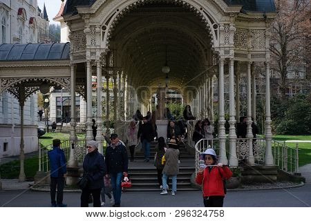 Karlovy Vary, Czech Republic - April 11, 2019: Sadova Kolonada Colonnade In Centre Of Spring City