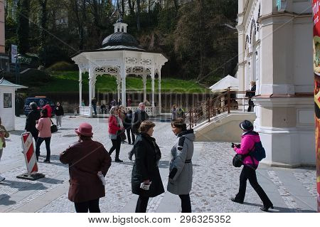 Karlovy Vary, Czech Republic - April 11, 2019: A Lot Of Tourists In Centre Of Spring City