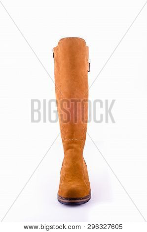 Beige Woman Long Boot Shoe Isolated On White Background. Fashionable Boots For Women May Exhibit All