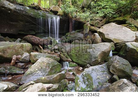 A Small Trailside Waterfall In The Great Smoky Mountains National Park, Tennessee, In Early Summer.