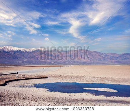 Badwater Basin  in Death Valley National Park, California, USA.Badwater is the lowest point in North America.
