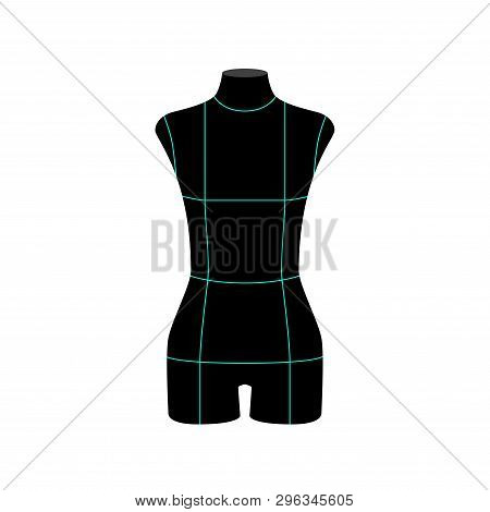 Woman Body Black Mannequin Isolated On White Background. Front Mannequin With Measurement Lines And 