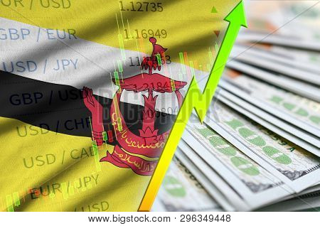 Brunei Darussalam Flag And Chart Growing Us Dollar Position With A Fan Of Dollar Bills