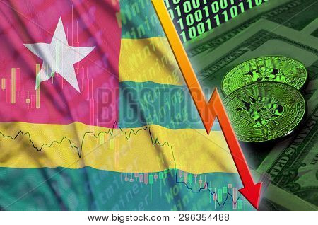 Togo Flag And Cryptocurrency Falling Trend With Two Bitcoins On Dollar Bills And Binary Code Display