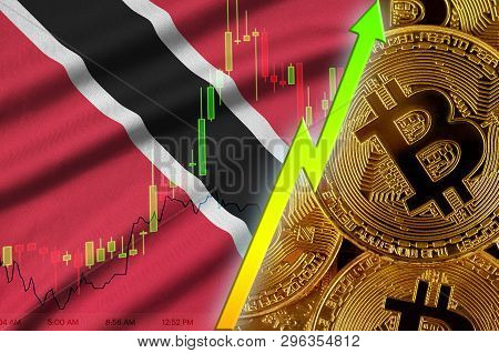 Trinidad And Tobago Flag And Cryptocurrency Growing Trend With Many Golden Bitcoins
