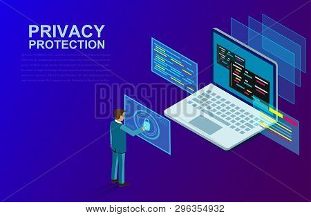 Privacy Protection And Software For Development With Businessman Stood In Front Of A Computer With H