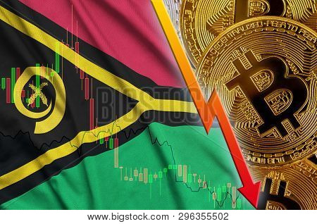 Vanuatu Flag And Cryptocurrency Falling Trend With Many Golden Bitcoins