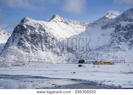Sandbotnen winter landscape in Lofoten Archipelago, Norway