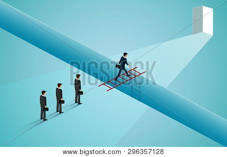 Businessmen Are Walking Across The Front Staircase Red Go To The Door. Cross The Cliff Obstacles To 