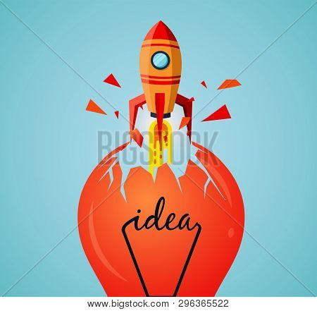 Think Outside The Box. Space Shuttle Ejected From The Lamp Launch To The Sky. Startup Business Conce