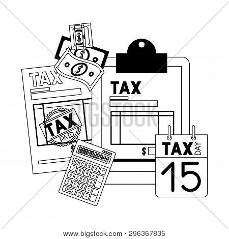 Clipboard Taxes With Calculator And Bills Vector Illustration Design