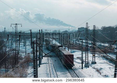 Rail Cars Loaded With Coal Being Transported From Nearby Mines To Power Plants In Winter