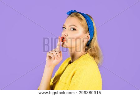 Hush. Woman Having Secret Holds Finger On Lips, Shows Shh Sign. Attractive Woman Making Gesture Sile