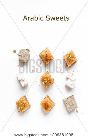 Arabic Sweets, Baklava And Turkish Delights. Arabic Ramadan Dessert Baklava With Nuts And Honey Isol