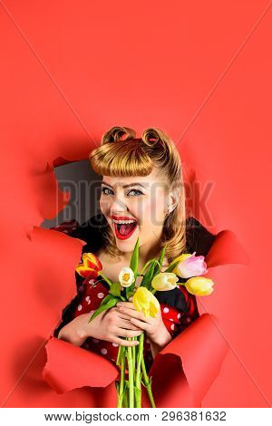 Happy Woman Through Paper. Smiling Retro Woman Looking Through Hole In Paper. Pin Up Woman With Tuli