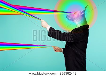 Psychedelic Collage Portrait Of A Male Businessman With A Head Of A Chinese Crested Dog Shooting Rai
