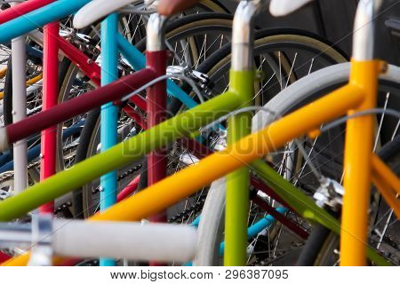 Rack Of Colored Bicyles, Reflecting New Yorkers Desire For Healthy And Eco-friendly Urban Displaceme
