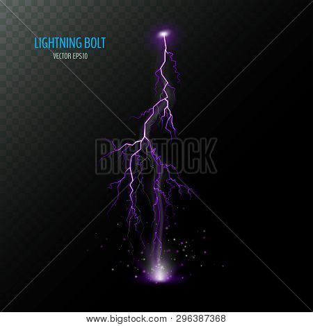 Violet Vertical Electrical Lightning Bolt Isolated On Dark Half Transparent. Purple Thunder Bolt. Ve