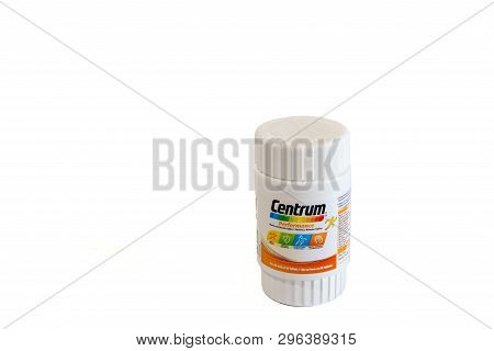 Montego Bay, Jamaica - April 19 2019: Bottle Of Centrum Multivitamins Isolated On White Background