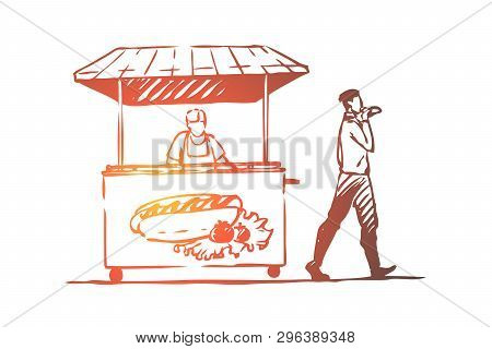 Hot Dog, Fast Food, Kiosk, Street Concept. Hand Drawn Man Eating Hot Dog In Street Concept Sketch. I