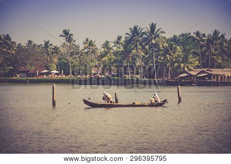 Traditional Fishing At Vembanad Lake, Kumarakom Kerala, India