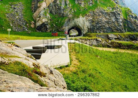Road With Old Tunnel In Green Summer Mountains, Norway. National Tourist Andoya Route.