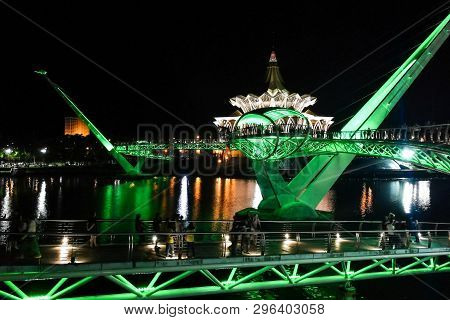 Kuching, Malaysia, April 18, 2019: The Darul Hana Bridge Across Sarawak River Overseeing The Sarawak