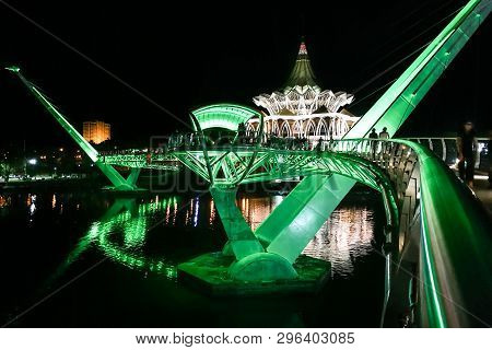 Kuching, Malaysia, April 18, 2019: The Darul Hana Bridge Across Sarawak River Overseeing The Sarawak