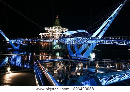 Kuching, Malaysia, April 18, 2019: The Darul Hana Bridge Across Sarawak River Overseeing The Sarawak
