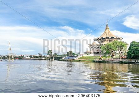 Kuching, Malaysia, April 18, 2019: The Darul Hana Bridge Across Sarawak River Overseeing The Sarawak